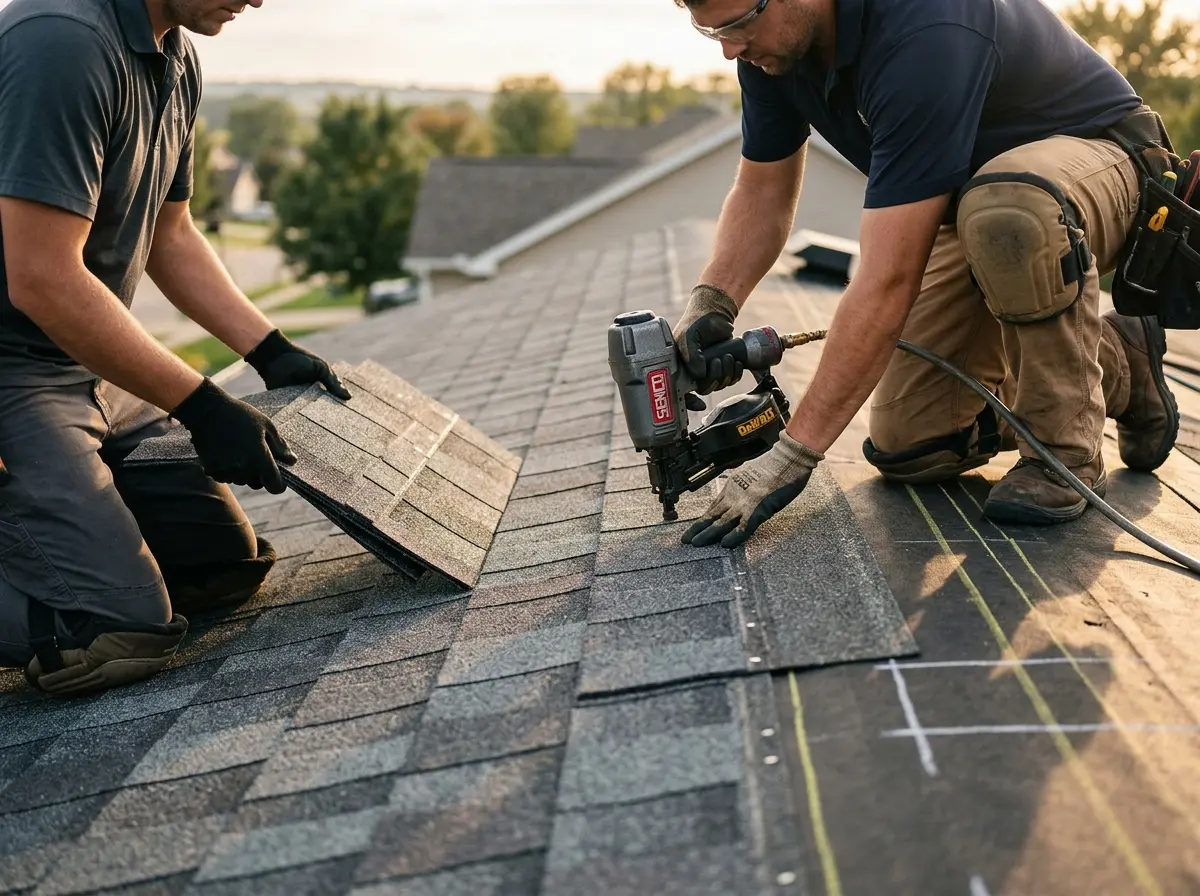 Professional roofer working on a residential roof in Union Mill